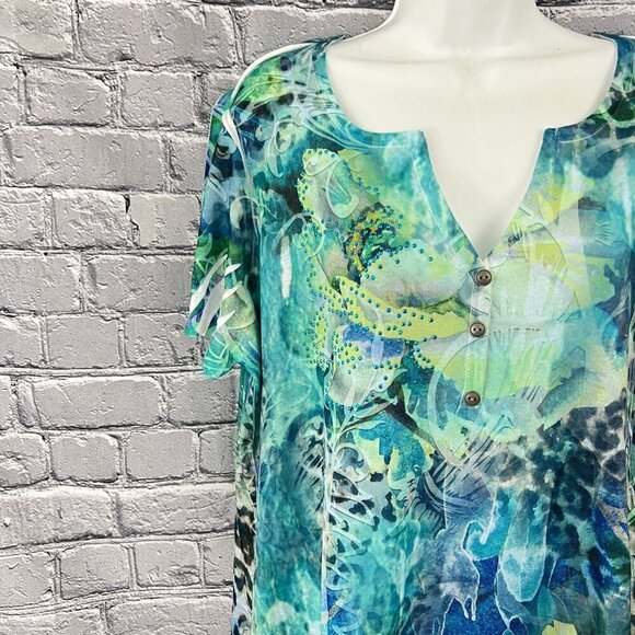 Style & Co Woman 1X Blue Green Floral Beaded V-Neck Short Sleeve Top - Picture 8 of 8